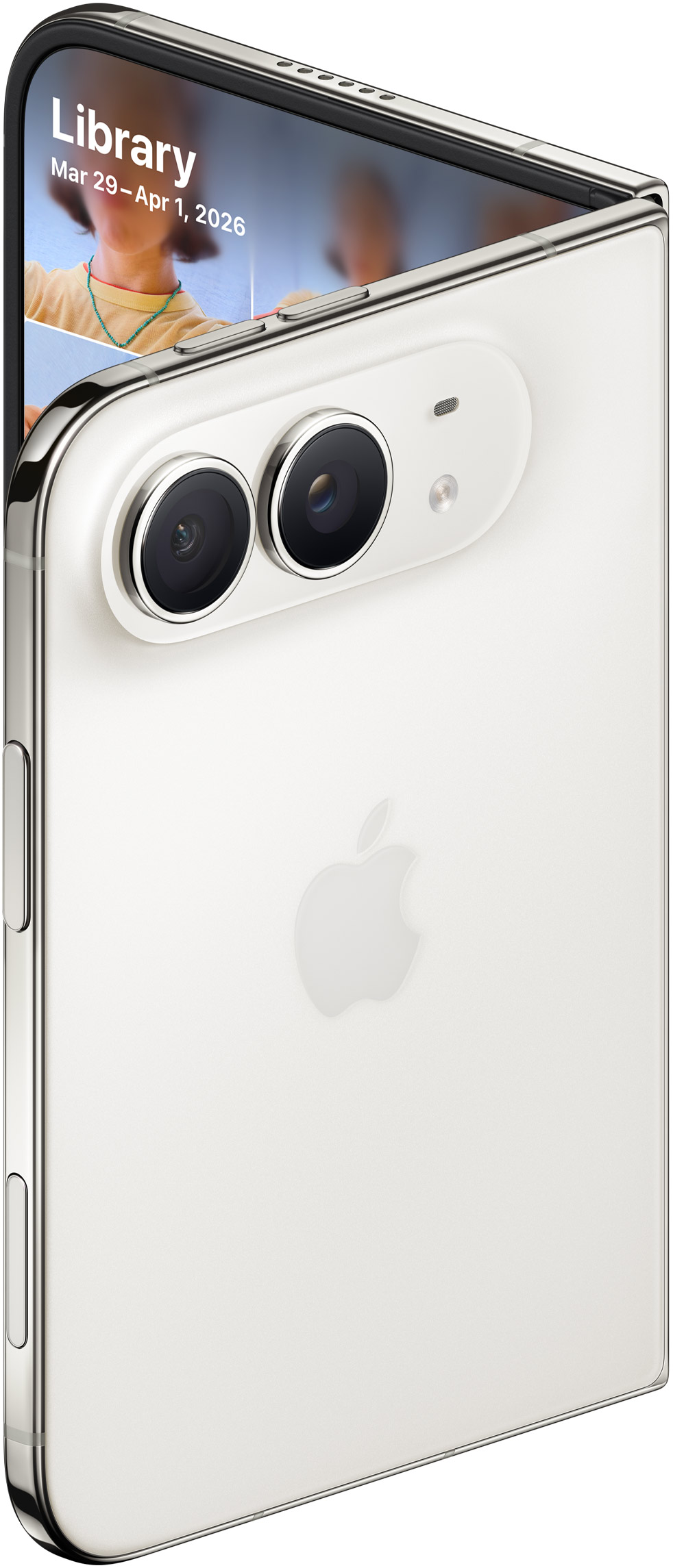 Cámaras traseras y perfil del iPhone Duo en blanco. Imagen oficial de Apple